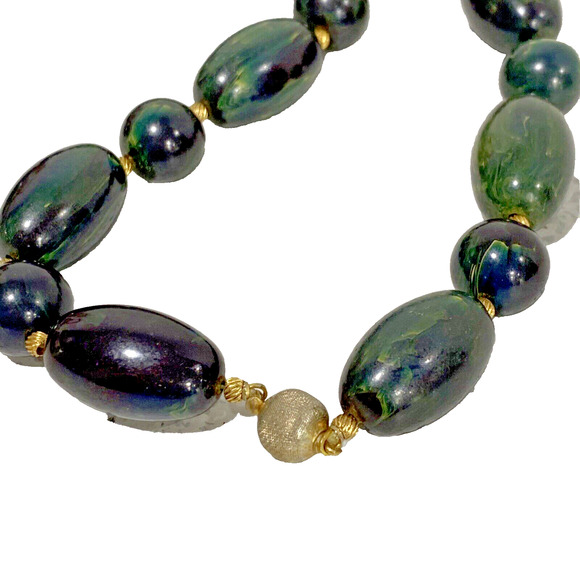 Vintage 1980's Chunky Green & Gold Beaded Necklace Mod Abstract Boss Lady Collar - Picture 6 of 7